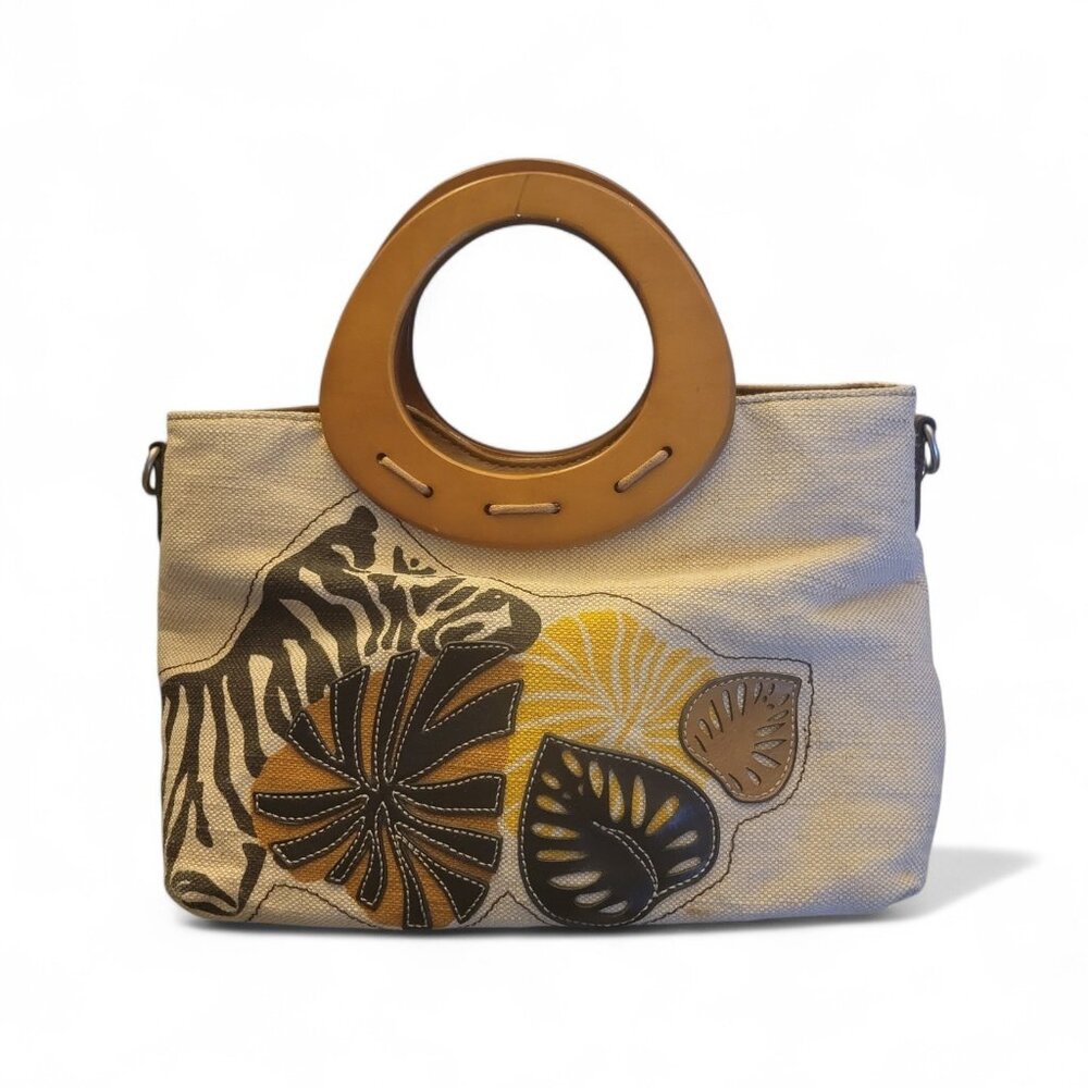 Relic Floral Animal Print Woven Canvas Hand Bag Purse Wooden Handle Satchel Tote